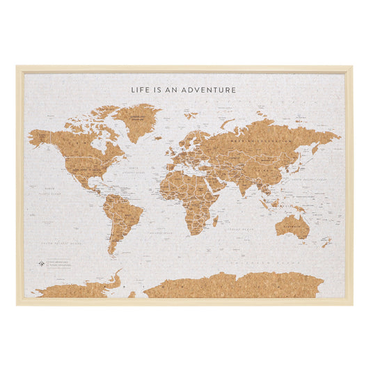 Product Image – Travel Board Large World Map, framed cork map, front view