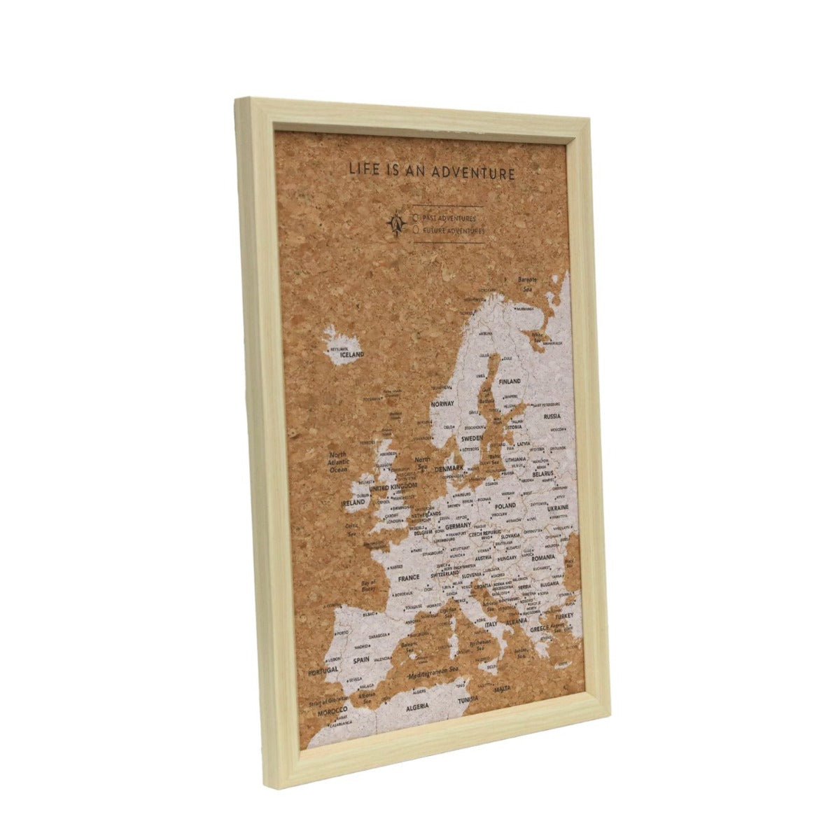 Travel Board Small Europe Map, framed cork map, front angled view