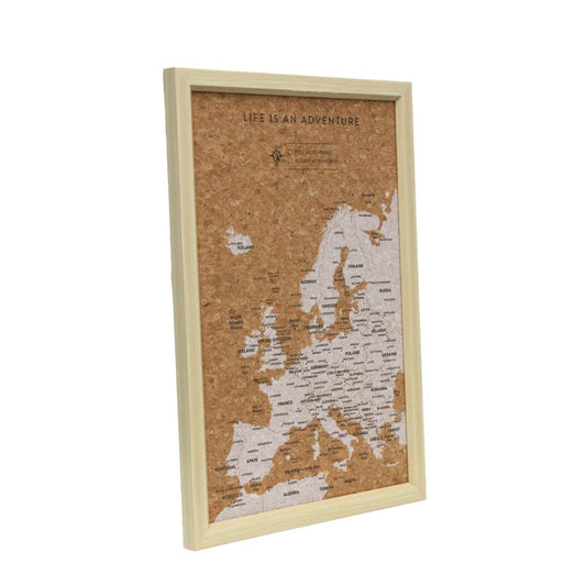 Product Image – Travel Board Small Europe Map, framed cork map, front angled view