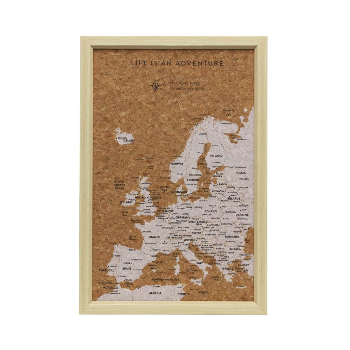 Travel Board Small Europe Map, framed cork map, front view