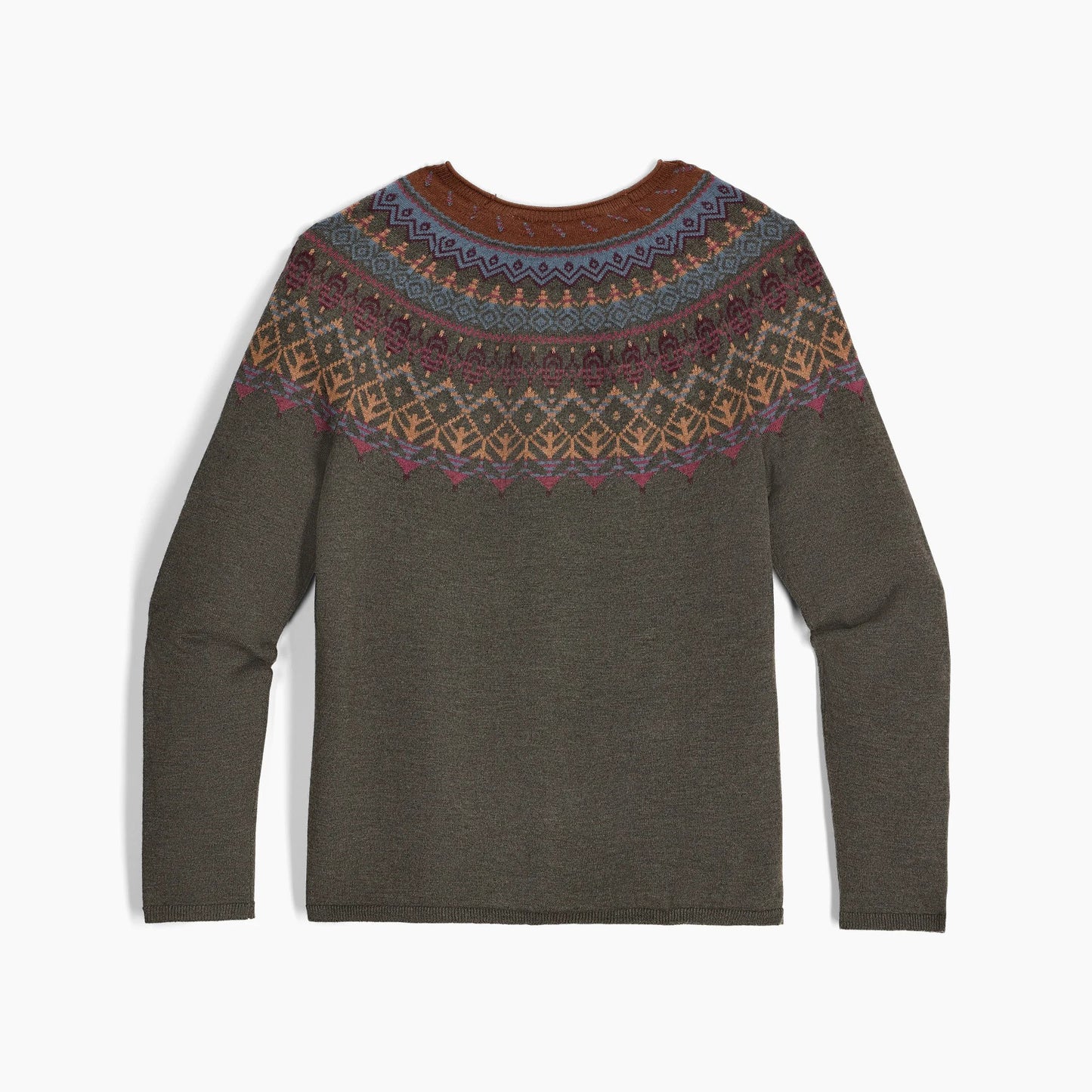 The Royal Robbins Women's Westlands Fairisle Crew features a multicolored yoke on olive, ideal for outdoor style.