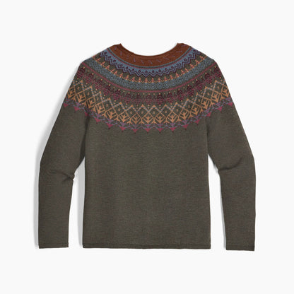 The Royal Robbins Women's Westlands Fairisle Crew features a multicolored yoke on olive, ideal for outdoor style.