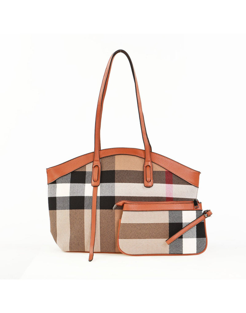 Alina's 2pc Rounded Handbag in white, black, tan and red chunky plaid with light brown faux leather rounded edging on top and matching double strap.  Beside it is a small matching zippered pouch.