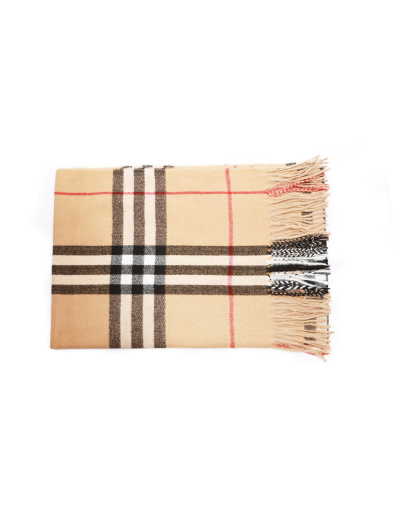 Alina's Plaid Scarf in beige with white, black and red, folded