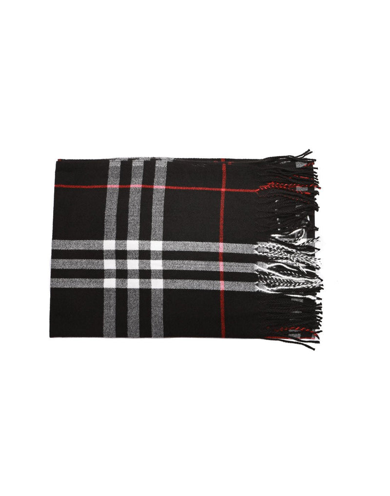 Alina's Plaid Scarf in black with white and red, folded