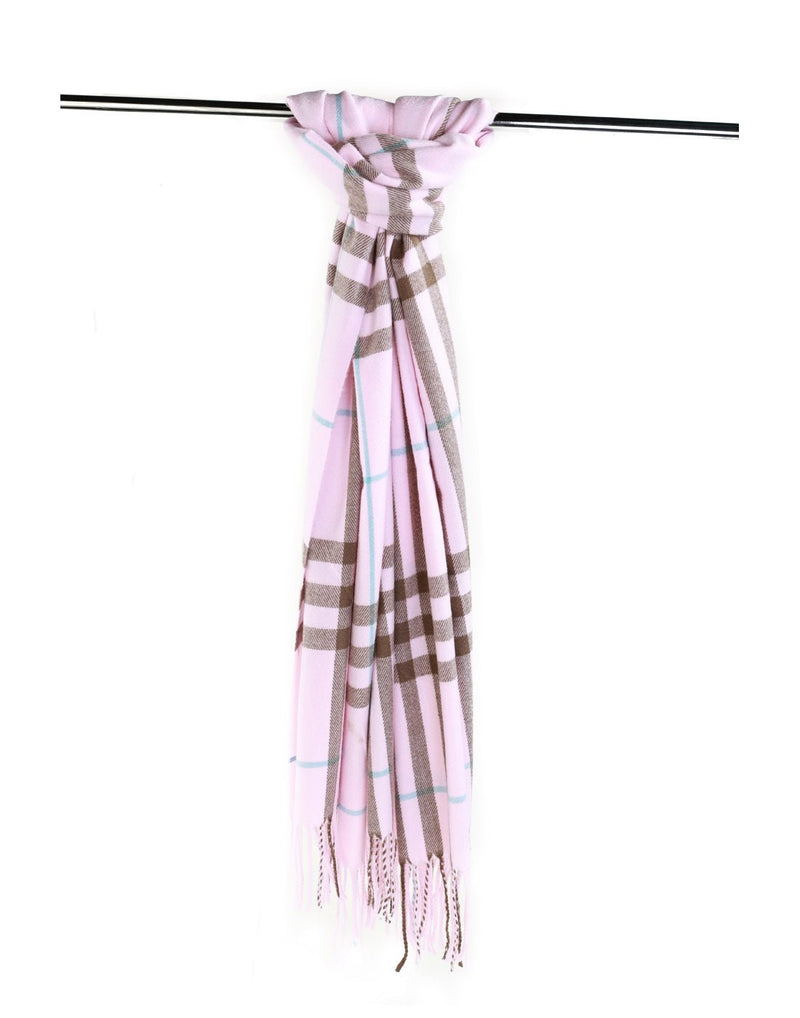 Alina's Plaid Scarf in pink with brown and blue, tied around a pole