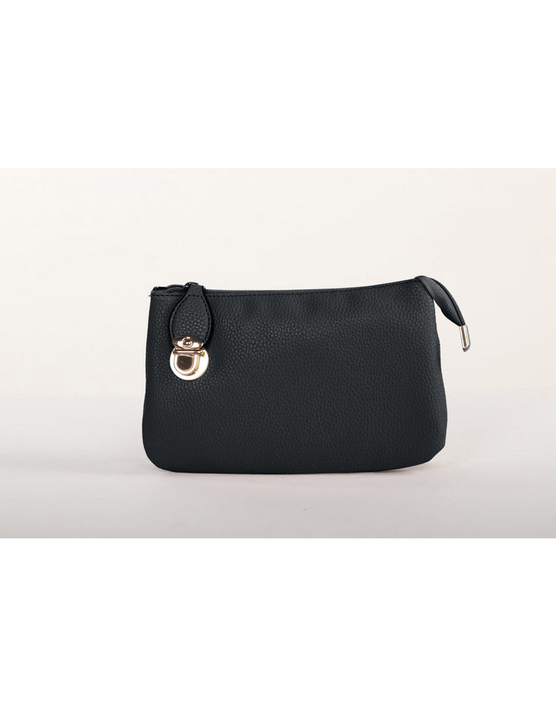 Alina's RFID Clutch Wristlet in black with gold side buckle, front view