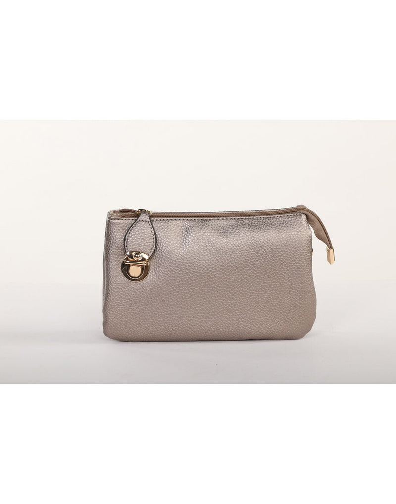 Alina's RFID Clutch Wristlet in pewter metallic colour with gold side buckle, front view