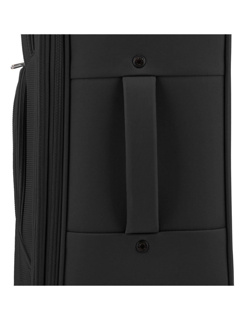 Close up of Atlantic Bavaria 28" Expandable Spinner, black. side view side carry handle.