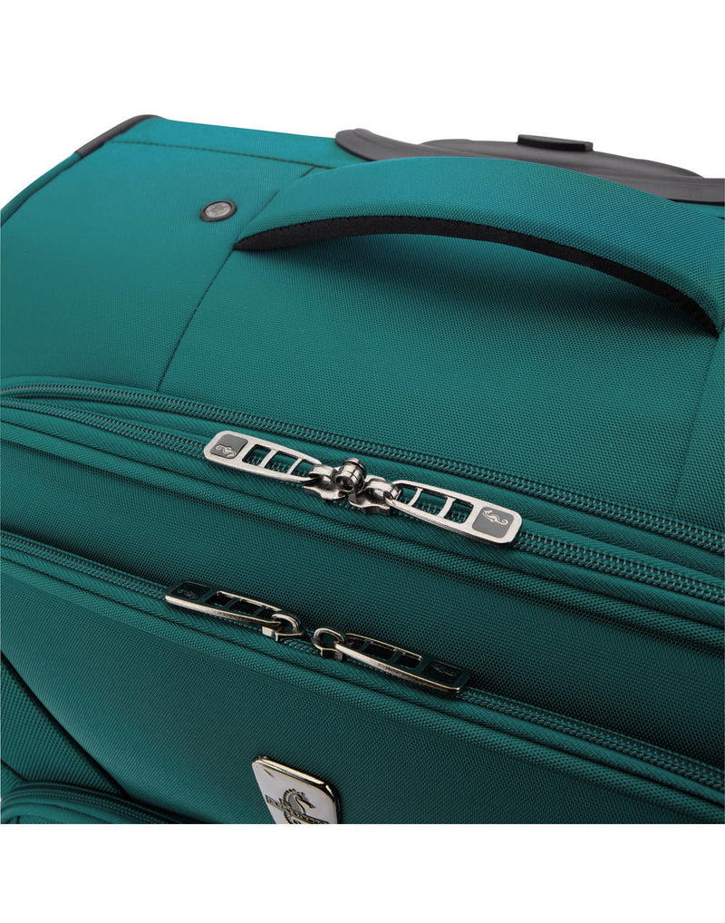 Close up view of handle and zippers on Atlantic Bavaria 28" Expandable Spinner, green.