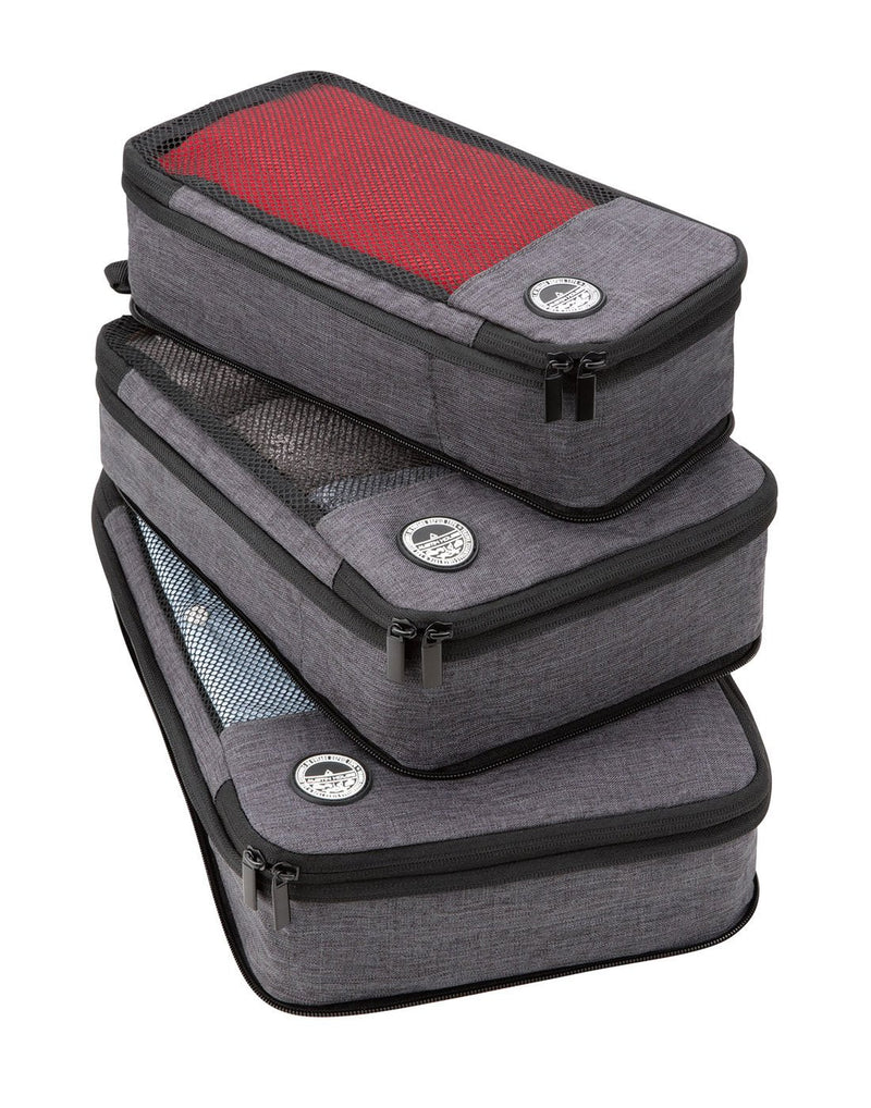 Austin House 3-Piece Compressible Packing Cubes, grey, small, medium and large sizes stacked