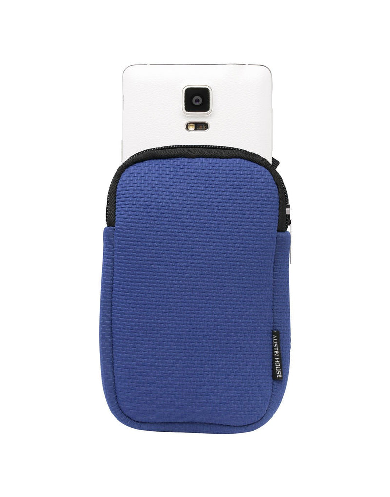 Austin House Crossbody Travel Organizer, blue, front view, with phone sticking out of top