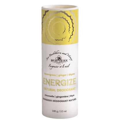 Bee by the Sea Natural Eco Deodorant, front view, Energize scent with yellow top paper tube