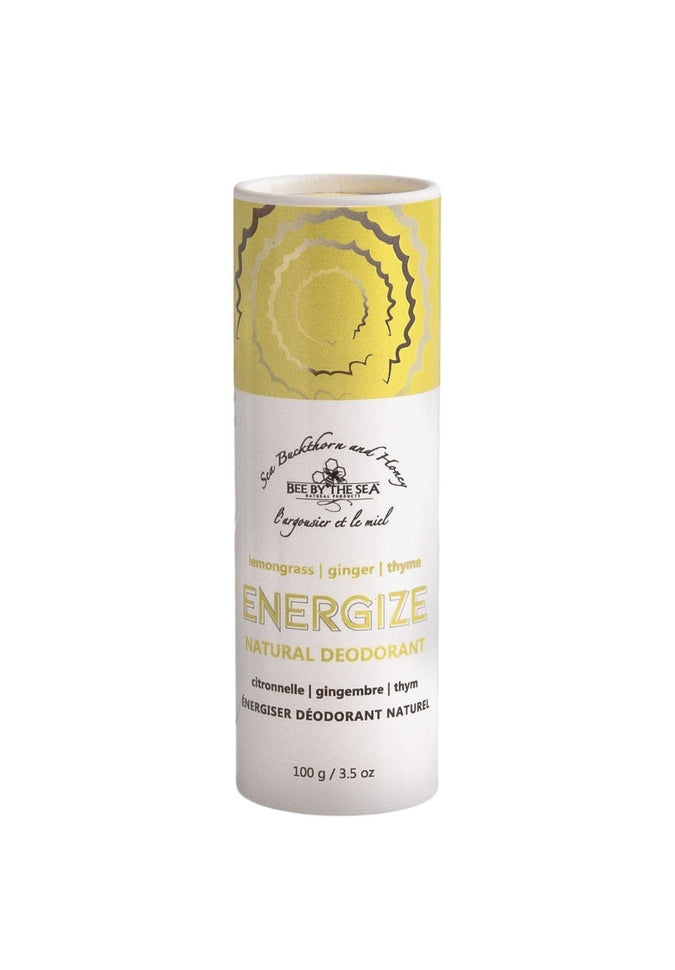 Bee by the Sea Natural Eco Deodorant, front view, Energize scent with yellow top paper tube