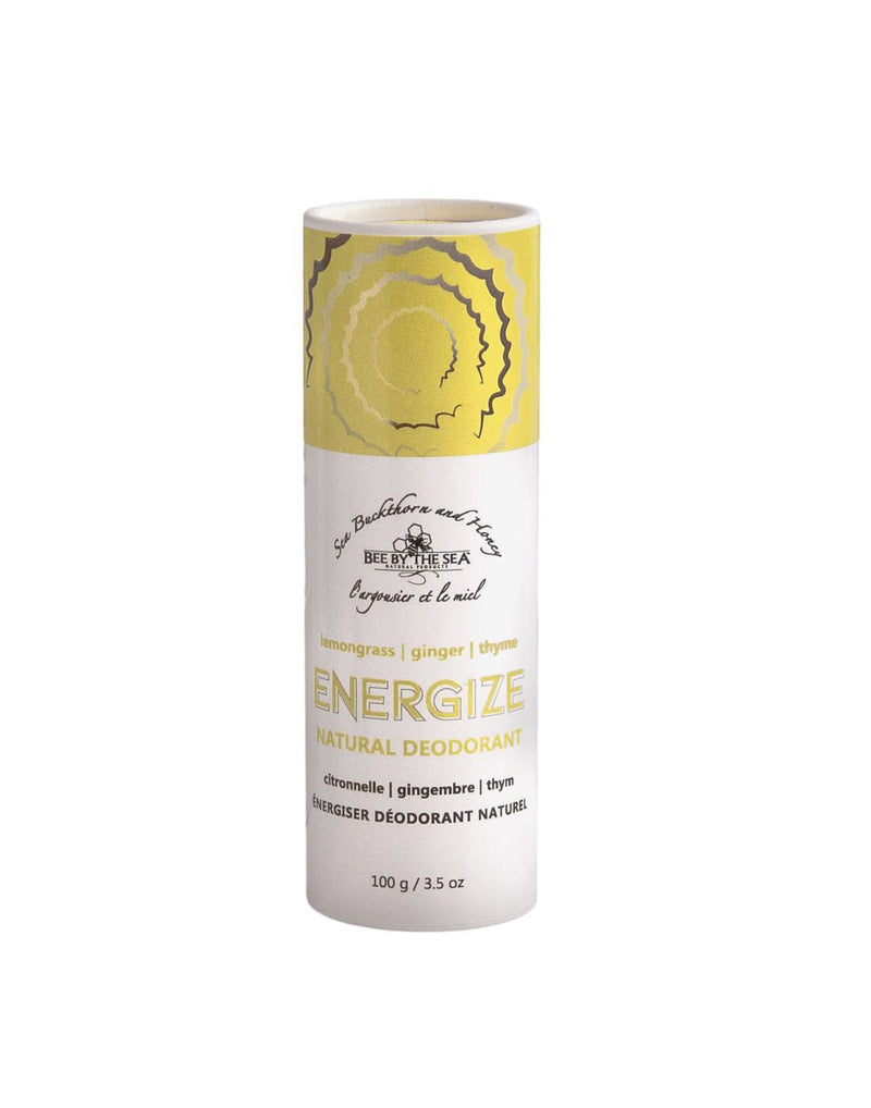 Bee by the Sea Natural Eco Deodorant, front view, Energize scent with yellow top paper tube