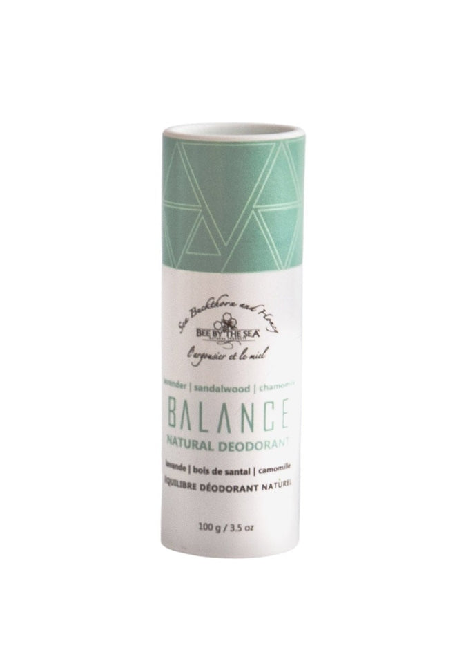 Bee by the Sea Natural Eco Deodorant, front view, Balance scent with turquoise top paper tube