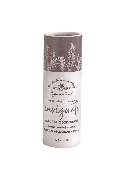 Bee by the Sea Natural Eco Deodorant, front view, Invigorate scent with purple top paper tube