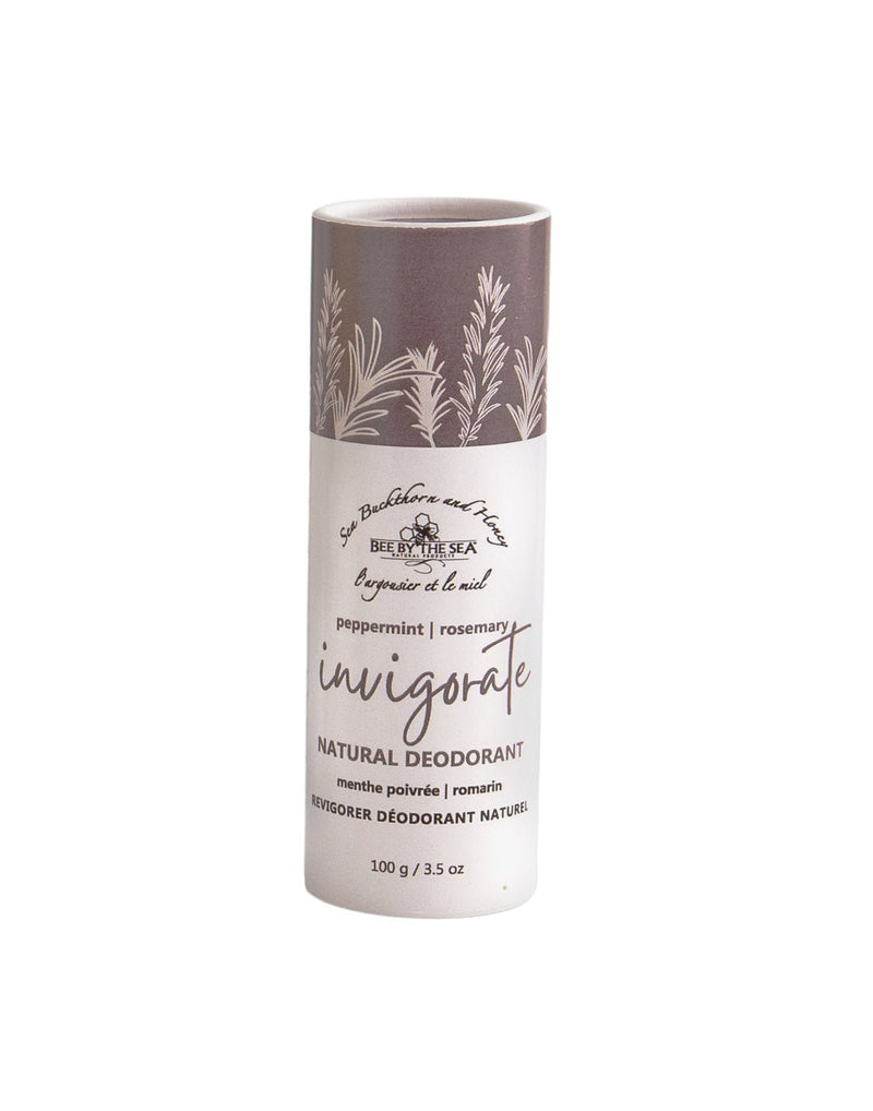 Bee by the Sea Natural Eco Deodorant, front view, Invigorate scent with purple top paper tube