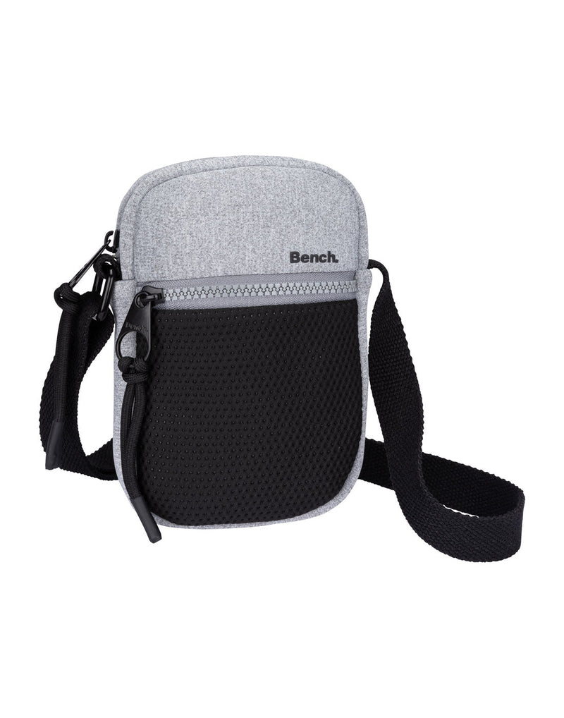 Bench Aria Cell Phone Crossbody in grey with black front mesh zippered pocket and black strap and zipper pulls