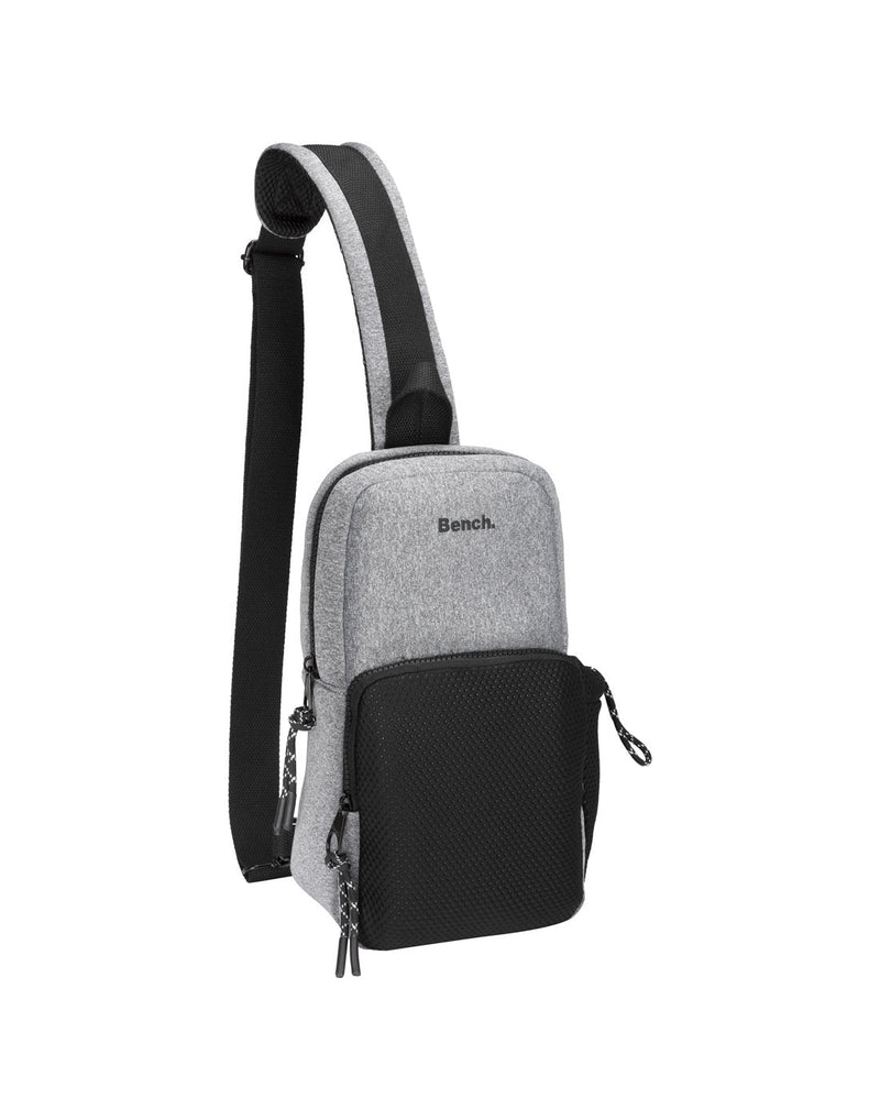 Bench Aria Sling Bag, grey with black front mesh pocket , zippers and strap, front view