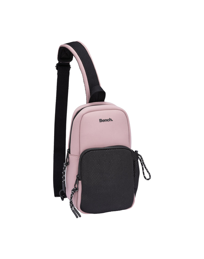 Bench Aria Sling Bag, pink with black front mesh pocket , zippers and strap, front view