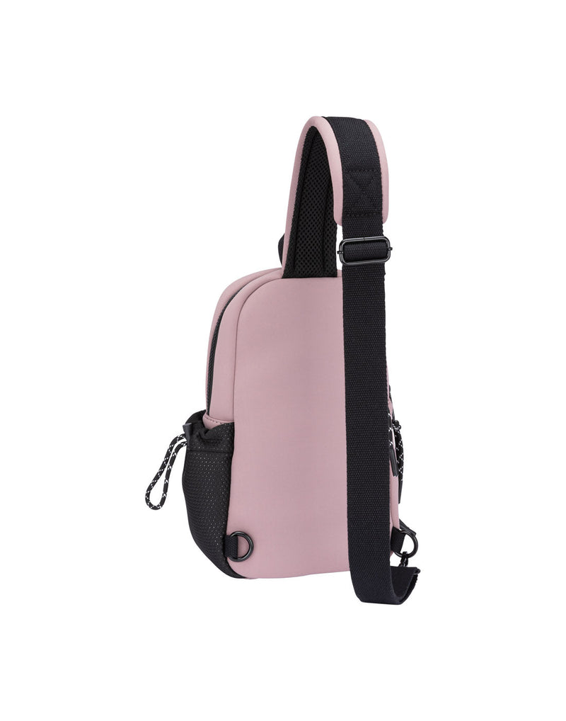 Bench Aria Sling Bag, pink with black side mesh pocket and strap, back view