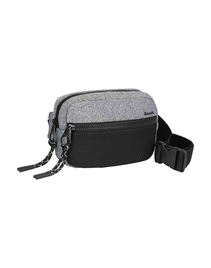 Bench Aria Waist Bag, grey with black zippers, belt strap and front pocket, front view