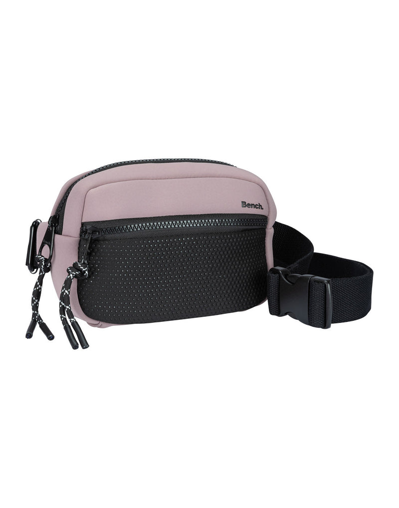 Bench Aria Waist Bag, pink with black zippers, belt strap and front pocket, front view
