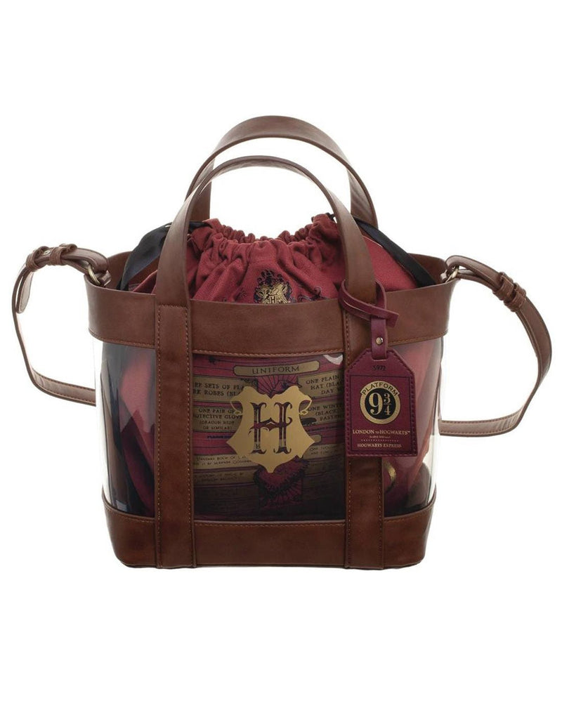 Harry Potter Clear and brown tote with burgundy drawstring bag inside with 9 3/4 luggage tag and gold foil Hogwarts logo on front