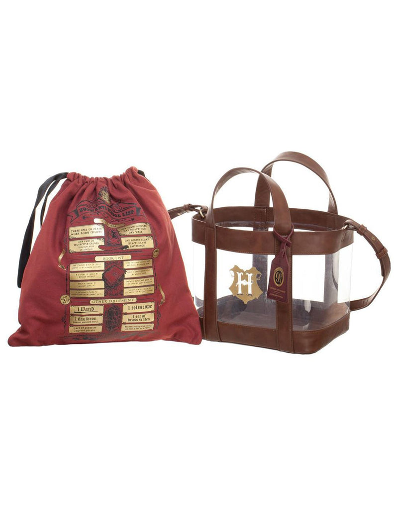 Harry Potter brown and clear Tote with gold foil Hogwarts logo on front and 9 3/4 luggage tag attached and removable cinch bag beside in burgundy with gold and black Hogwarts shopping list