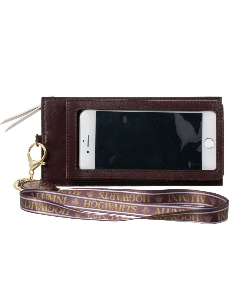 Harry Potter Lanyard with Tech Pouch, maroon colour with phone inside phone sleeve and gold clasp lanyard that reads Hogwarts Alumni