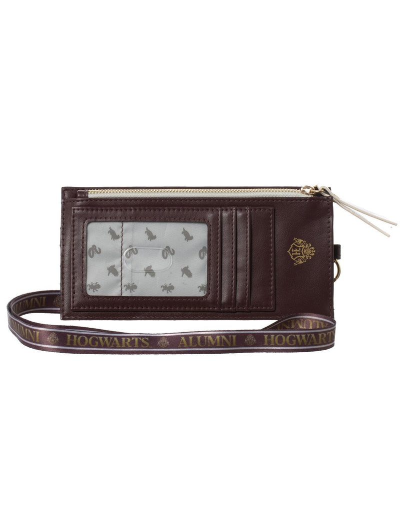 Harry Potter Lanyard with Tech Pouch, wallet view side with clear ID slot and three credit card slots, white and gold zipper, and gold foil Hogwarts logo on wallet