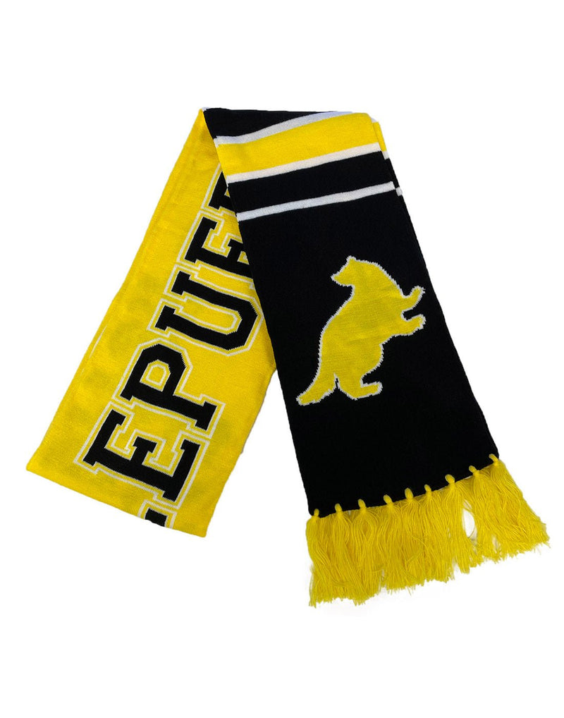 Black and yellow Hufflepuff team scarf with yellow tassels and badger symbol