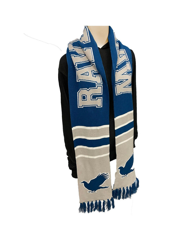 Blue and grey Ravenclaw team scarf with blue tassels and eagle symbol; hanging on manequin