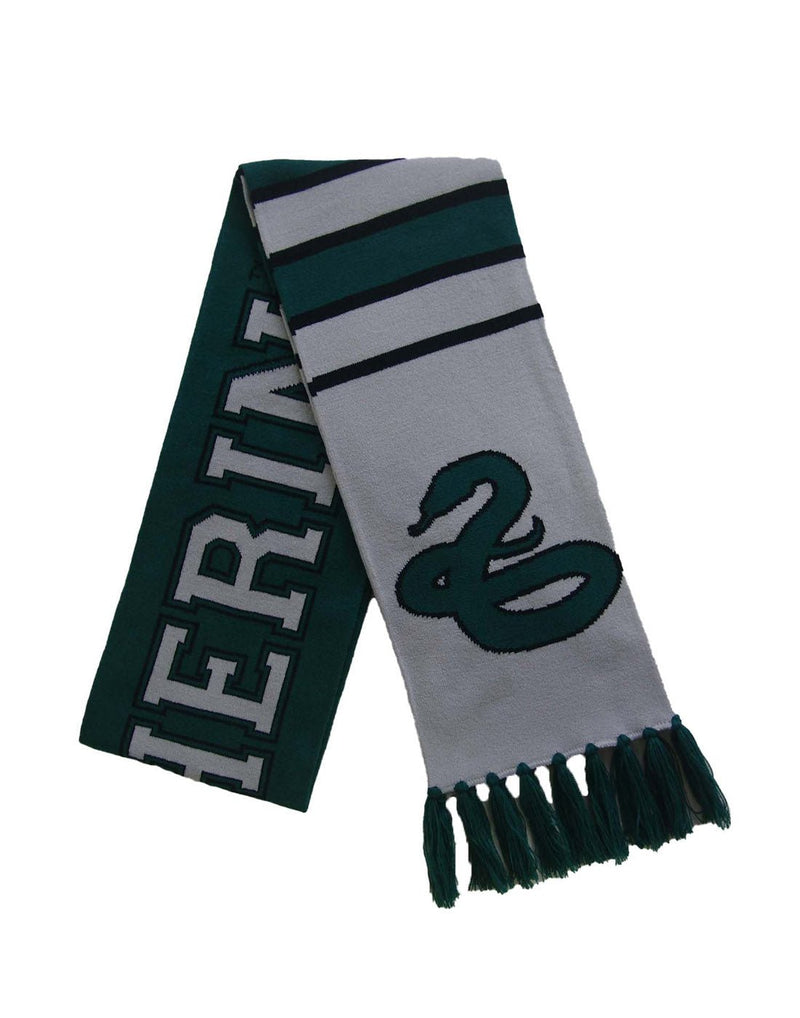 Green and white Slytherin team scarf with green tassels and snake symbol