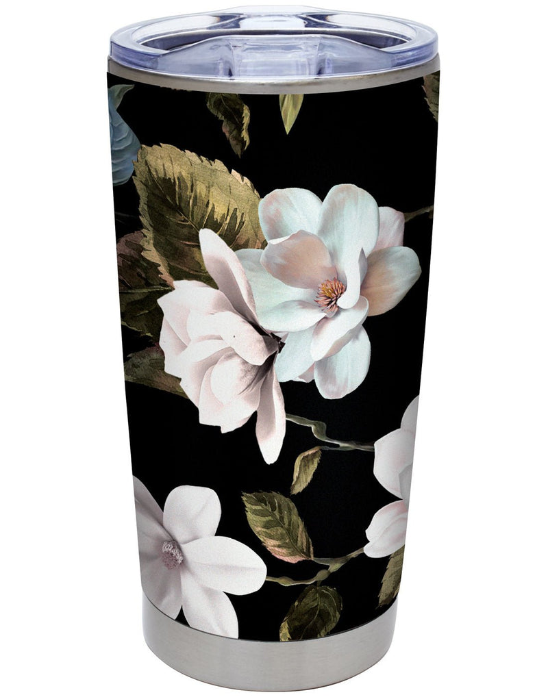 Black tumbler adorned with beautiful white and pink magnolias and leaves