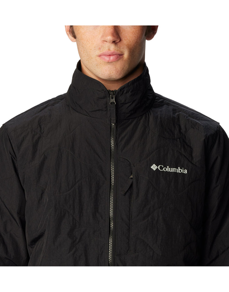 Close-up front view of a man wearing the Columbia Men's Birchwood™ Jacket in black.