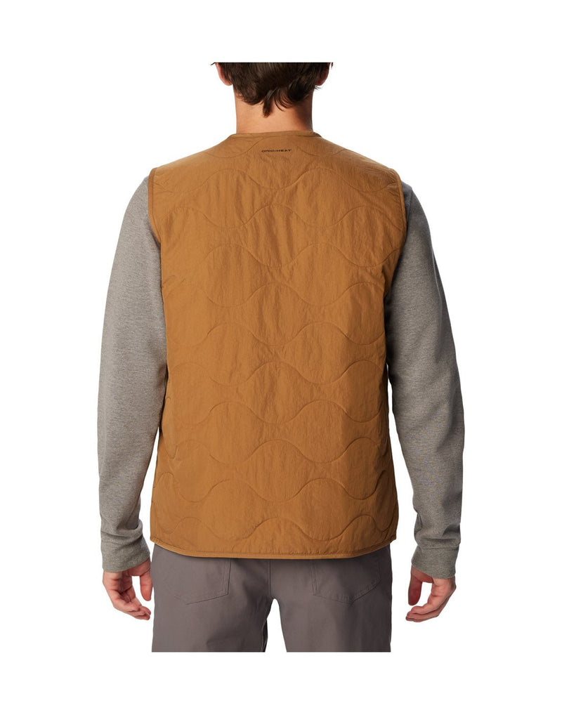 Back view of a man wearing the Columbia Men's Birchwood™ Vest in Delta brown colour.