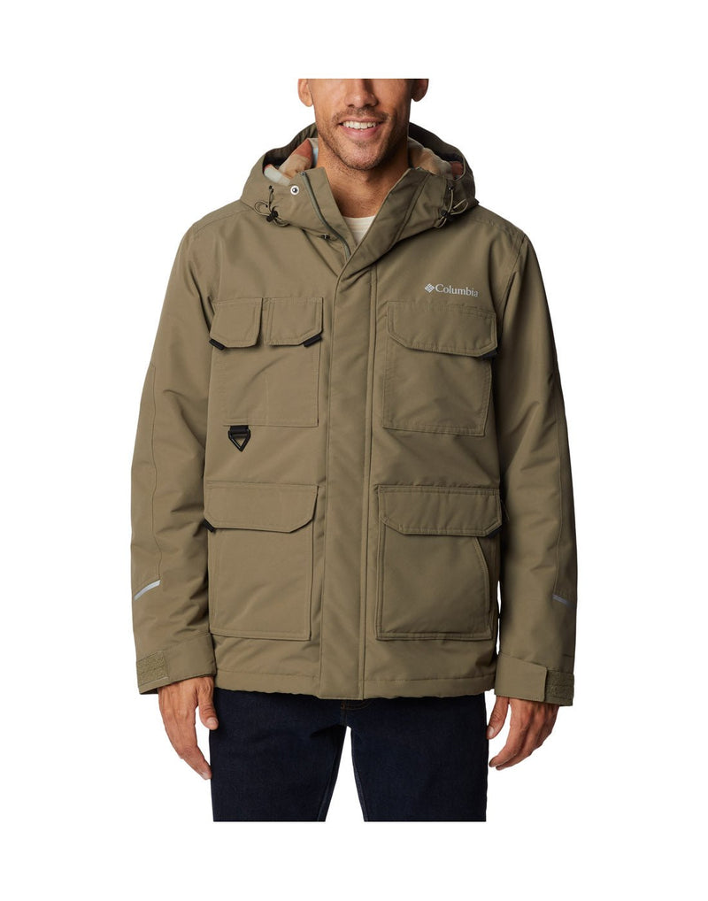 Front view of a man wearing the Columbia Men's Landroamer™ Lined Jacket in Stone Green colour, hood down.