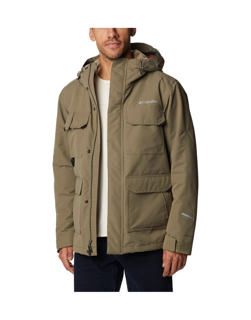 Front view of a man wearing the Columbia Men's Landroamer™ Lined Jacket in Stone Green colour.  Unzipped with hood down.