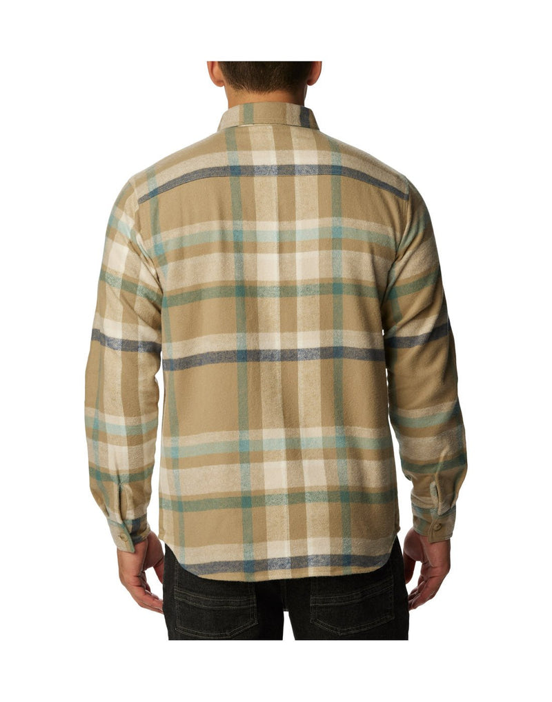 Back view of a man wearing Columbia Men's Pitchstone™ Heavyweight Flannel Shirt in "Dark Stone Macro Multi" colour.