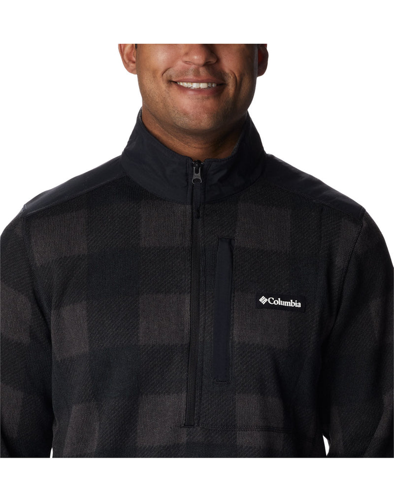 Close-up front of a man wearing a Columbia Men's Sweater Weather™ II Printed Fleece Half Zip Pullover  Black Buffalo Check Print.