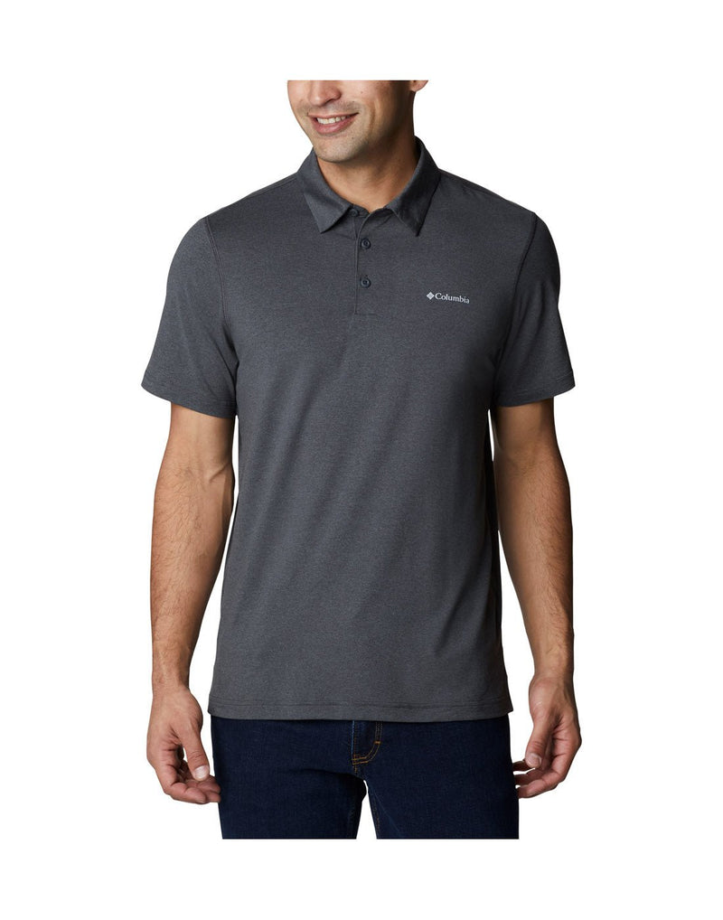 Front view of a man wearing Columbia Men's Tech Trail™ Polo Shirt  in shark heather colour.