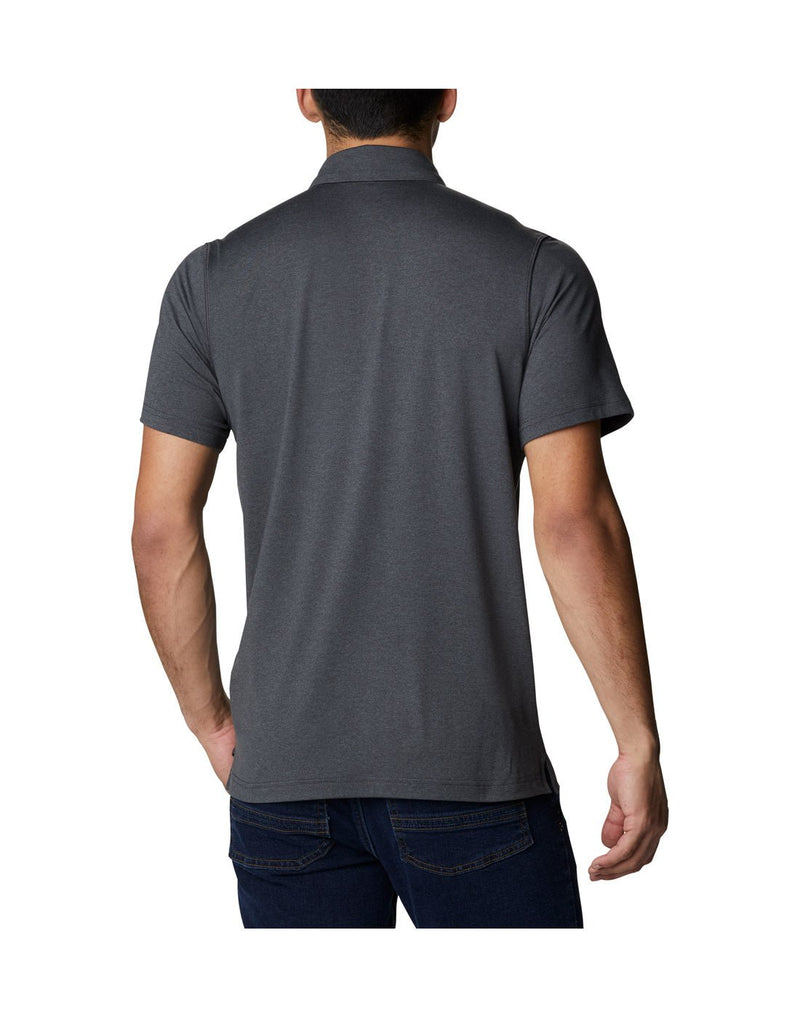 Back view a man wearing Columbia Men's Tech Trail™ Polo Shirt in shark heather colour.