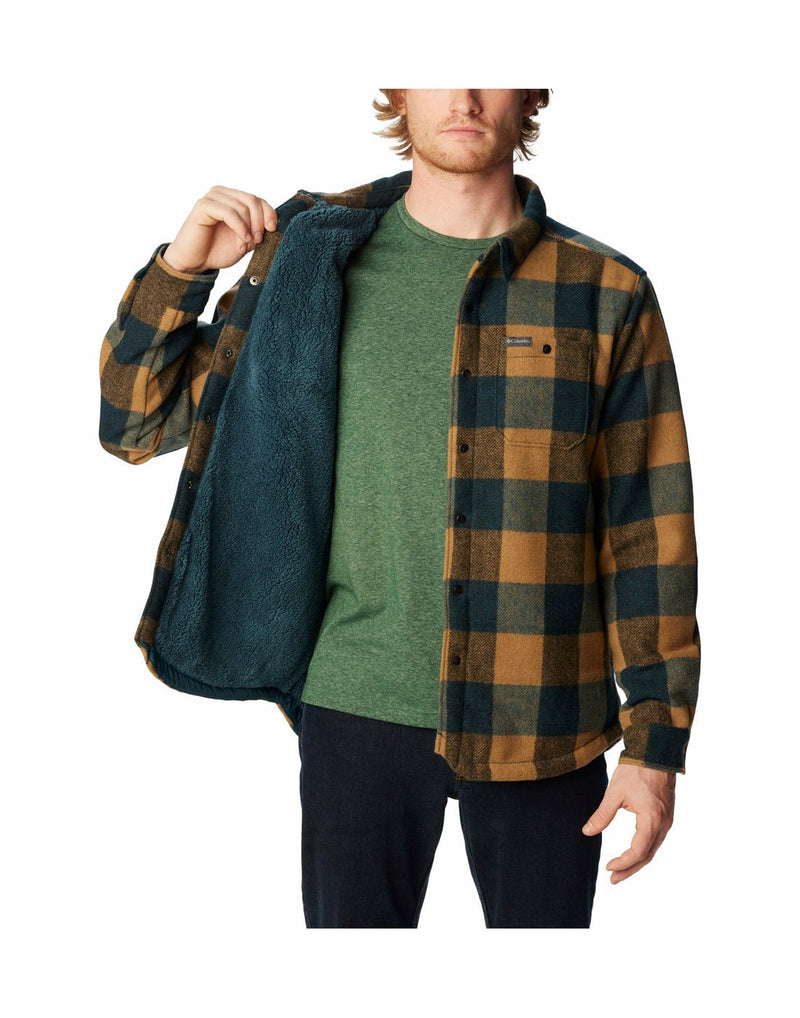 Front of a man wearing the Columbia Men's Windward™ II Shirt Jacket in Night Wave Dimensional Buffalo print. Front panel open to show Sherpa lining.