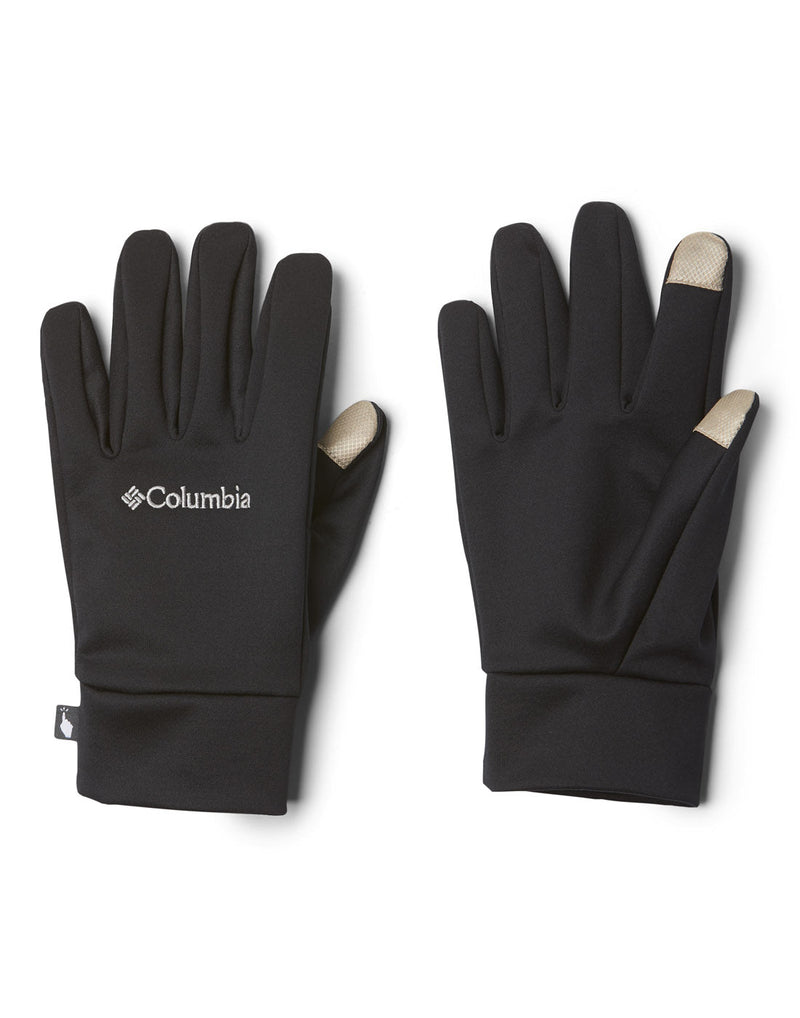 Columbia Men's Omni-Heat Touch™ Liner Gloves, black, one palm side up, the other palm side down with white Columbia logo
