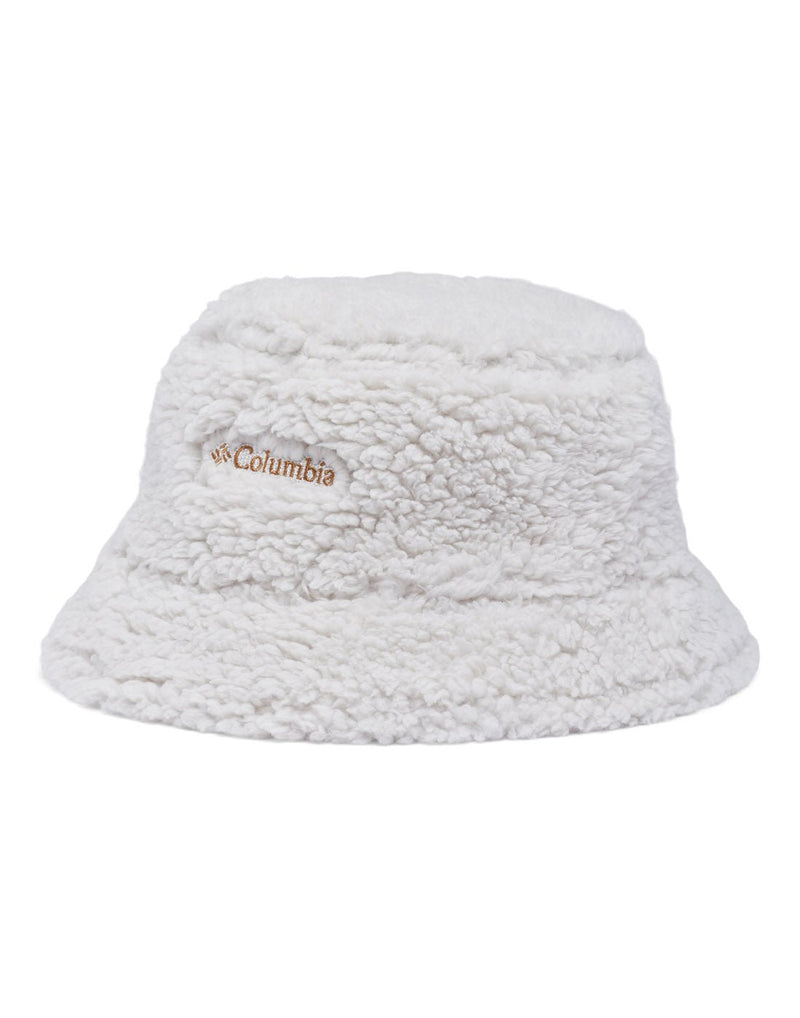 Columbia Winter Pass™ Reversible Bucket Hat in Camel Brown colour reversed so that the white Sherpa lining is on the outside. Showing the Columbia logo.