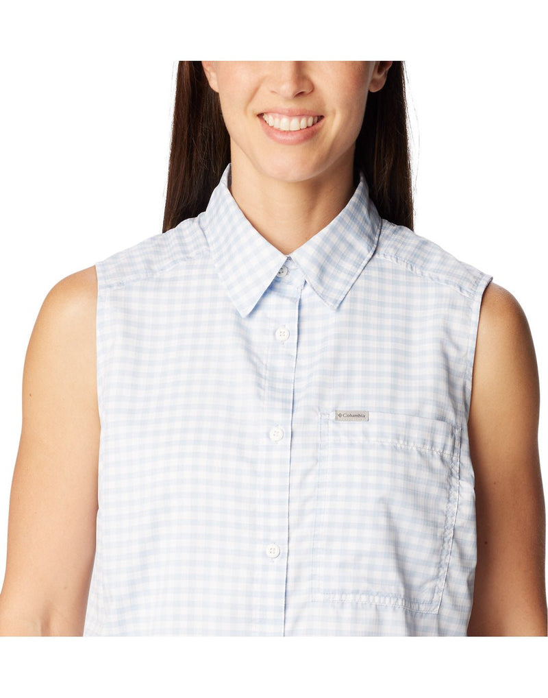 Close up of woman wearing Columbia Women's Anytime™ Lite Sleeveless Top in whisper light blue and white checkered pattern, front view