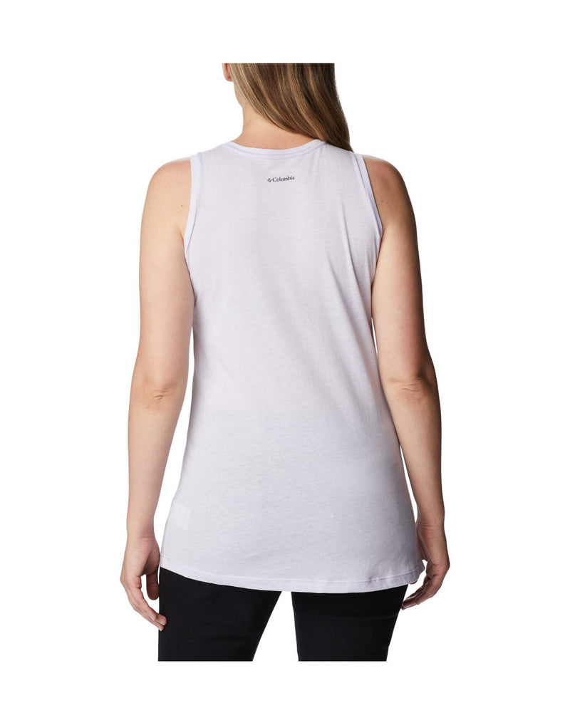 Woman wearing black pants and Columbia Women's Bluff Mesa™ Tank in purple tint heather, back view with small Columbia logo on top center