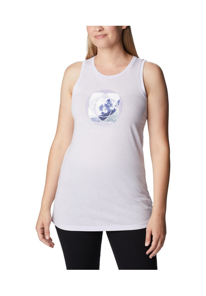Woman wearing black pants and Columbia Women's Bluff Mesa™ Tank in purple tint heather with graphic image on center, front view